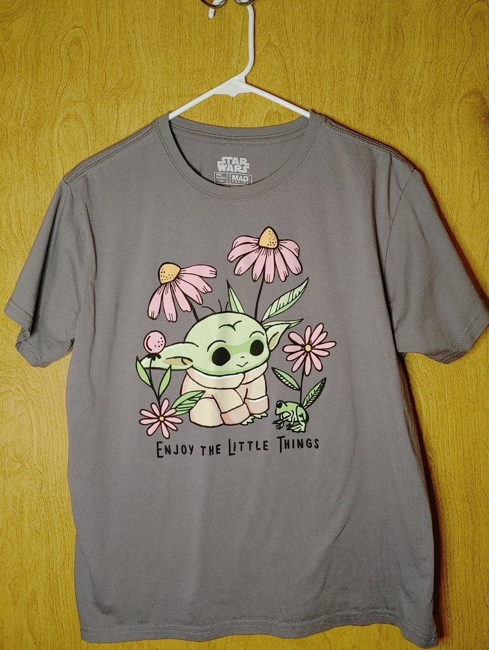 Star Wars Gray Tee with Pink Flowers and Green Grogu